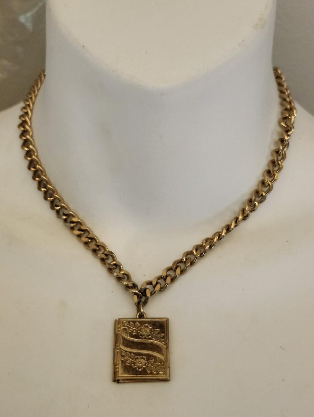 Gold Tone Floral Book Locket Pendant Necklace - 15 Inches